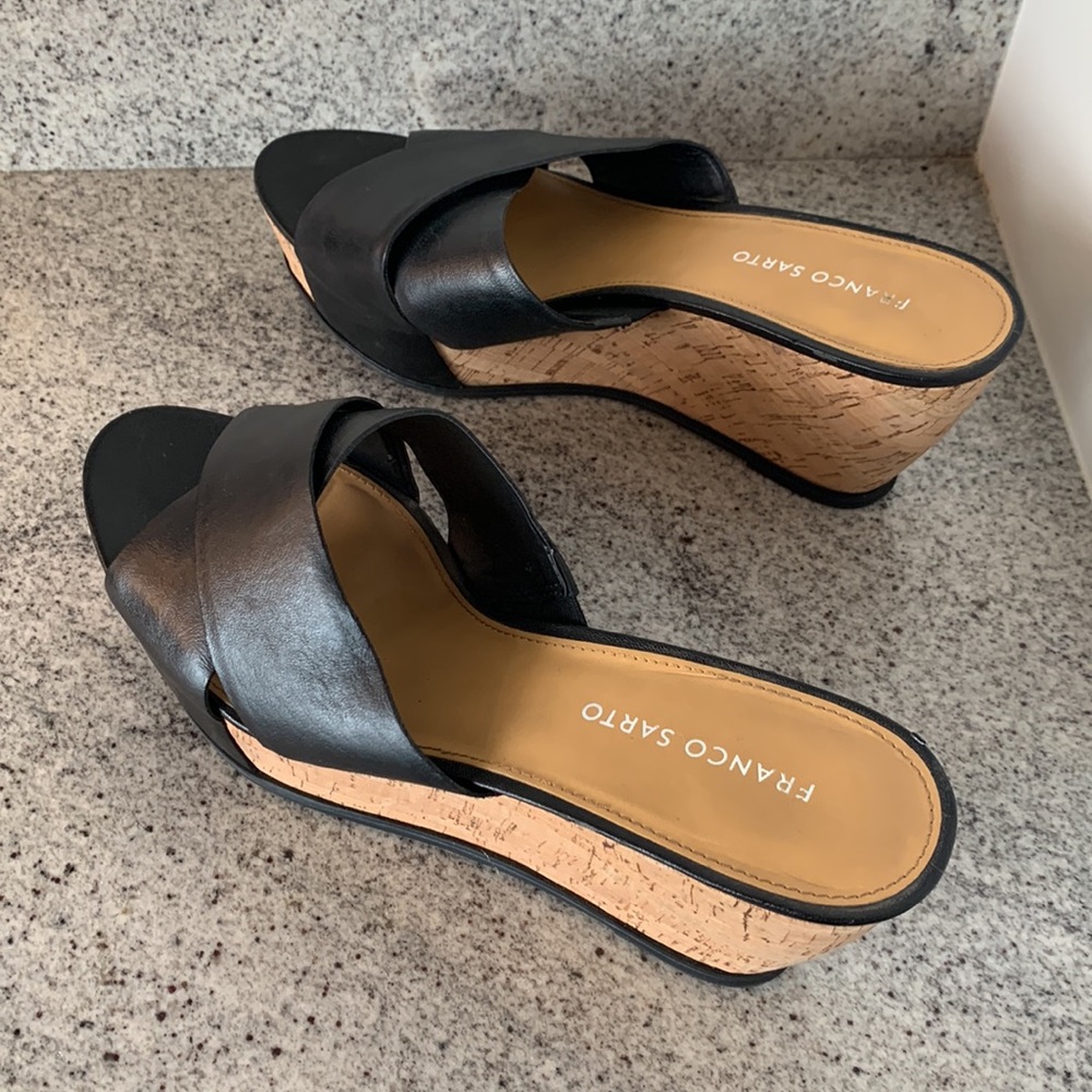 Franco Sarto Platform Sandals, cork platform with black leather uppers, size 11 - Picture 3 of 11
